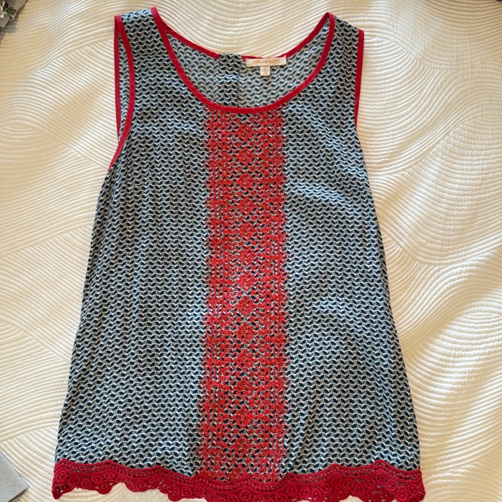 Skies are blue embroidered tank top